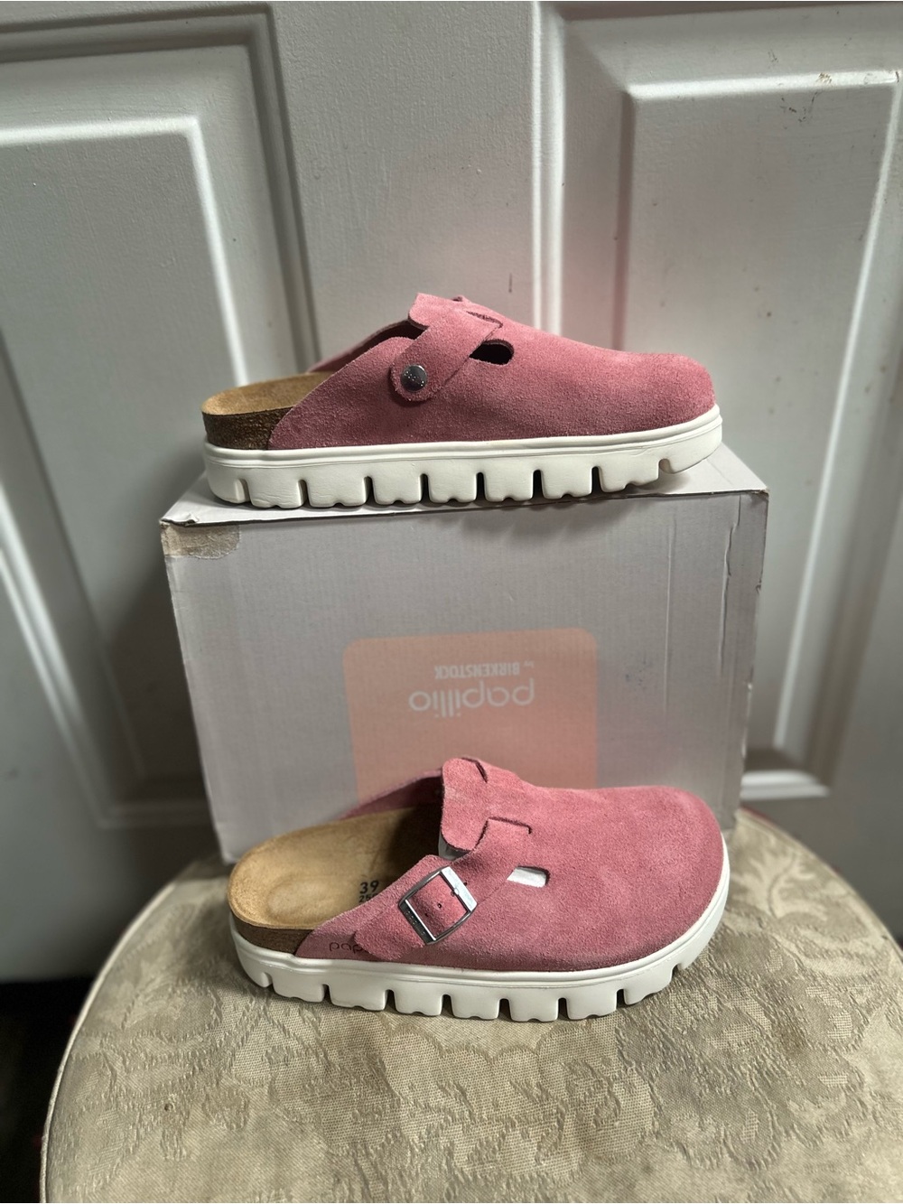 Euro39-8W/ 6M Birkenstock Papillio Candy Pink Suede Boston Pap Chunk Platform